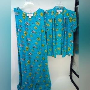 Vintage Sarah Elizabeth Citrus Lemon Floral Island 2 Piece Dress Top Blue Yellow
